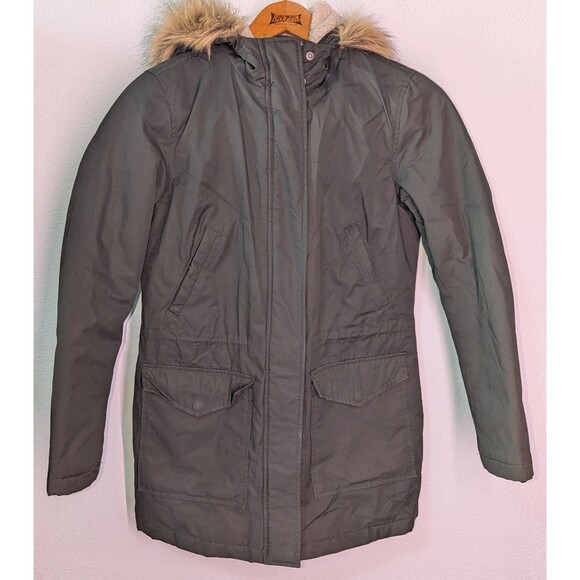Levis Jacket Green Sherpa Lined Parka Jacket Faux Fur Trim Hooded Size XS (A28) - Picture 1 of 5